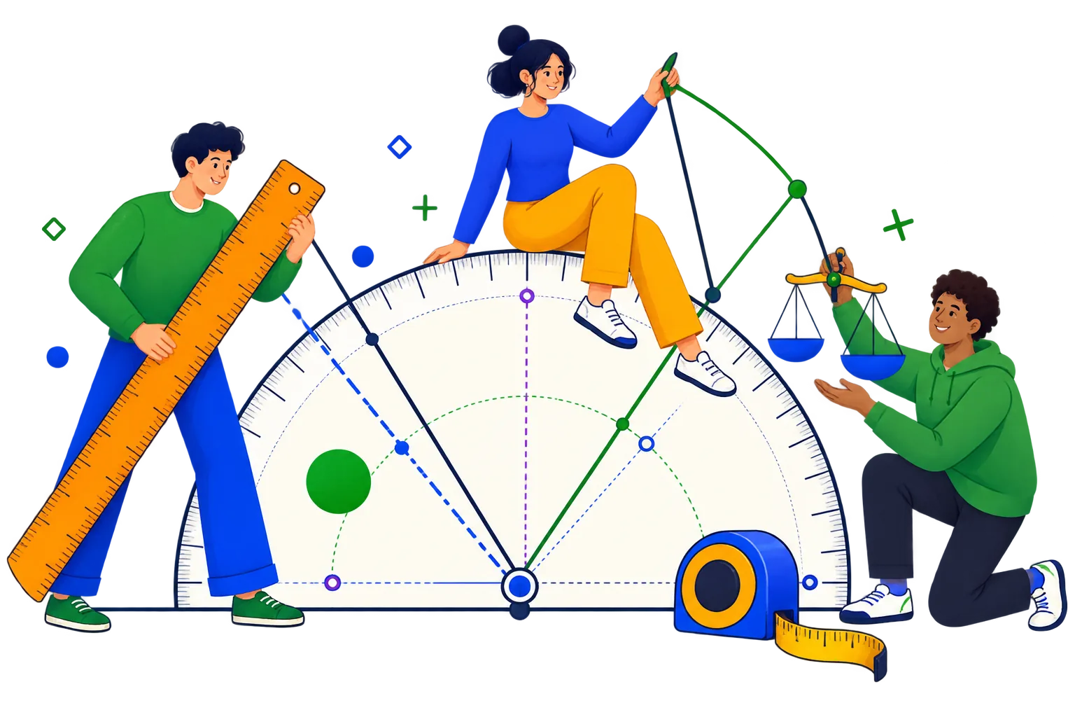 People using rulers, scales and geometric measuring tools